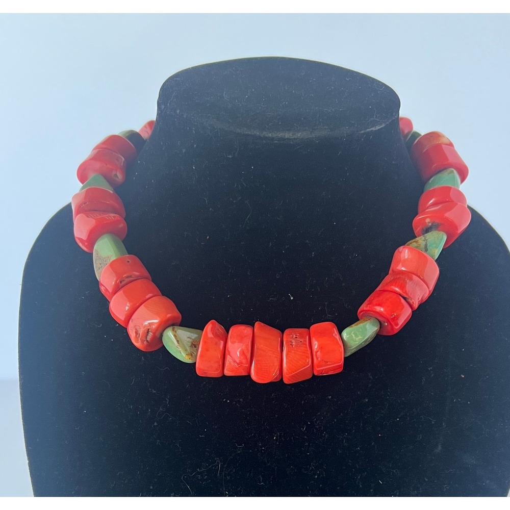 Southwestern Native American Chunky Modern style Turquoise & Coral Necklace